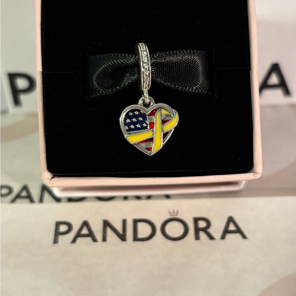 Pandora Silver Heart Charm with Flag Design and memory ribbon. (Discontinued)